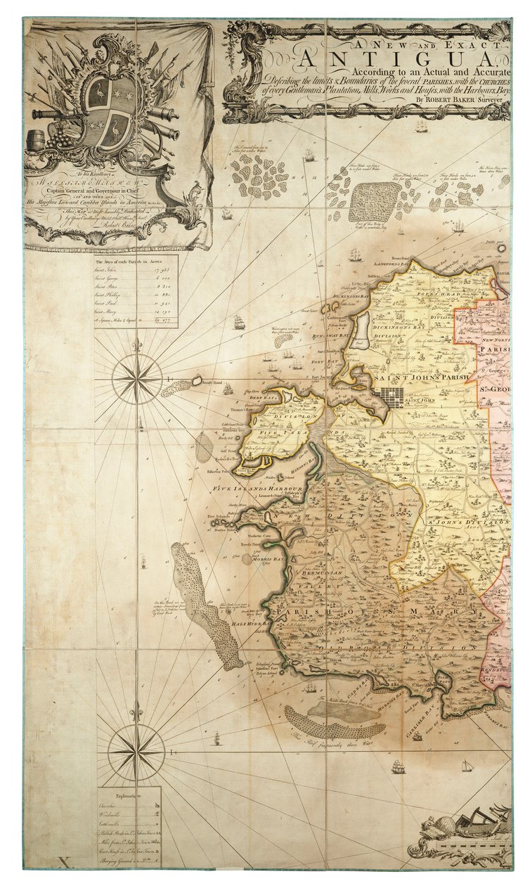 Antigua szigetének új és pontos térképe Amerikában, az 1746-1748-as években készült felmérés alapján, 1749 körül (színes metszet). alkotó: Robert Baker
