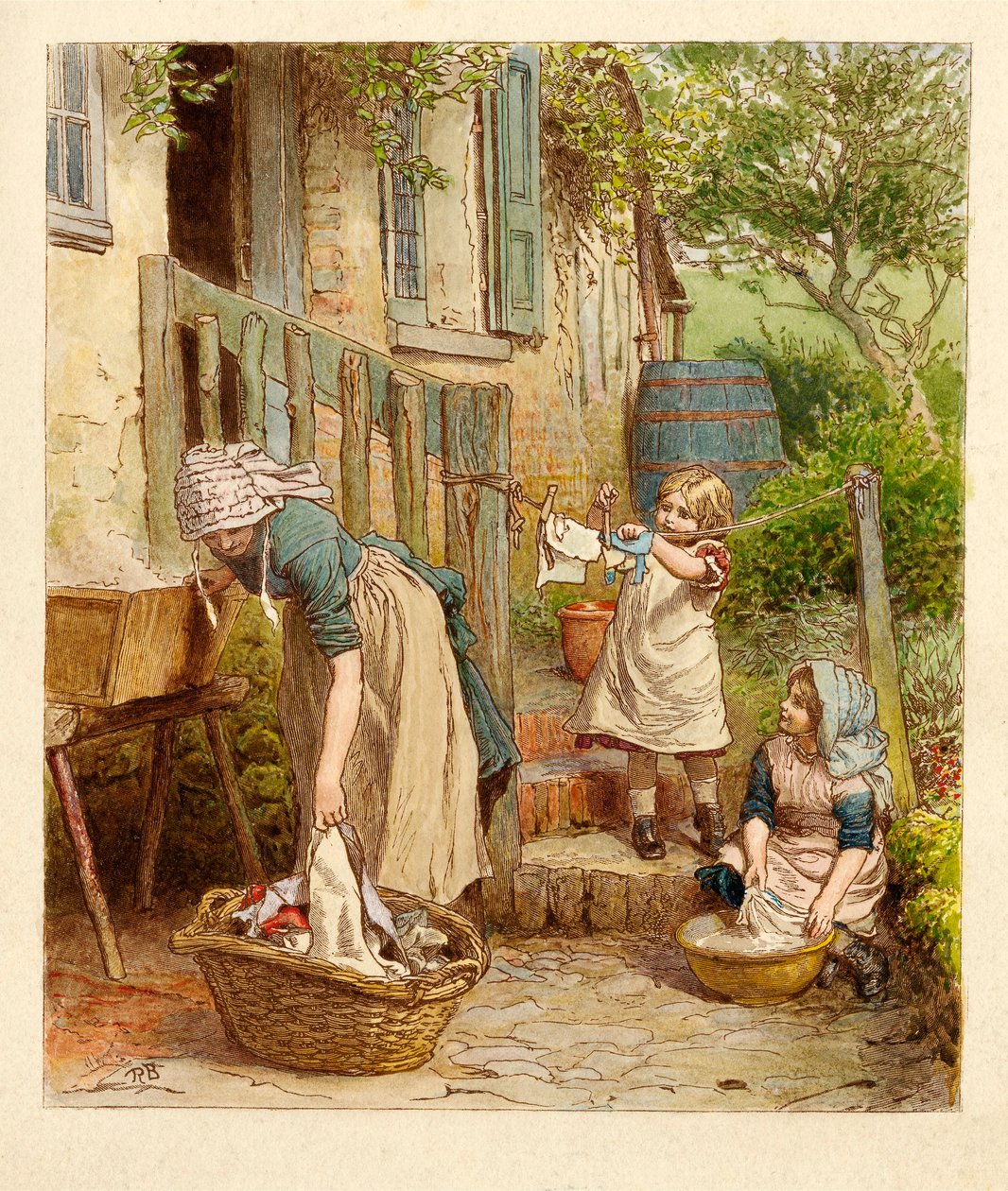Anya és gyermekei lógnak a mosdóban, kocsmában. 1854. alkotó: Robert Barnes