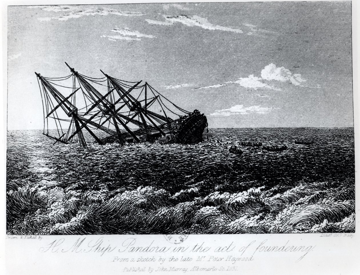 A H.M.S. Pandora elsüllyedése, John Barrow "A H.M.S. Bounty elleni kalóztámadás és kalózkodás eseménydús története: oka és következményei" című művéből, amelyet John Murray adott ki 1835-ben. alkotó: Robert Batty