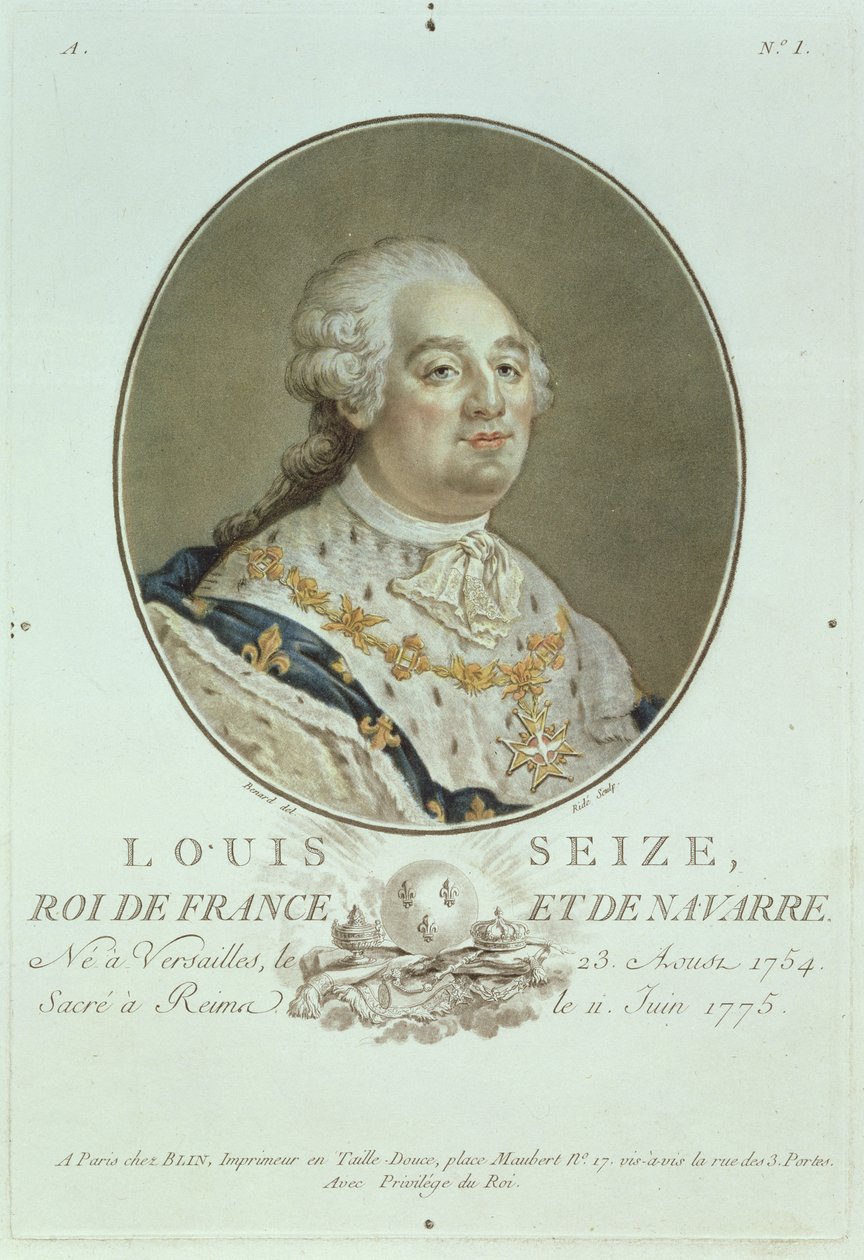 XVI. Lajos (1754-93) portréja a "Portraits des Grands Hommes Illustres" című kötetből, Ride metszete (kézzel színezett metszet). alkotó: Robert Benard