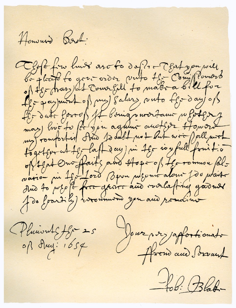 Robert Blake admirális levele az Admiralitás biztosainak, 1654. augusztus 25-én. alkotó: Robert Blake