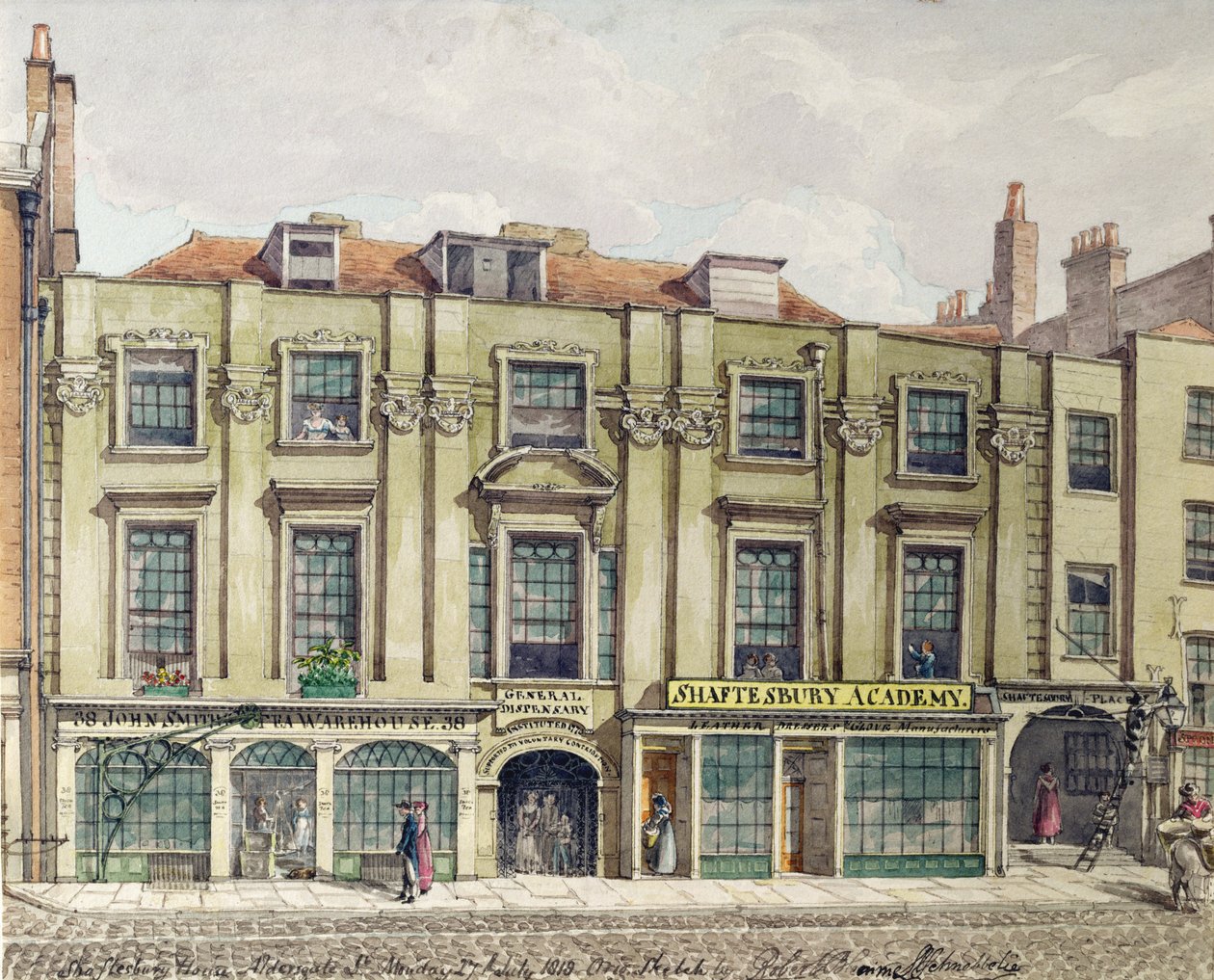 Shaftesbury House, Aldersgate Street, London, 1819 (wc vázlat) alkotó: Robert Blemell Schnebbelie
