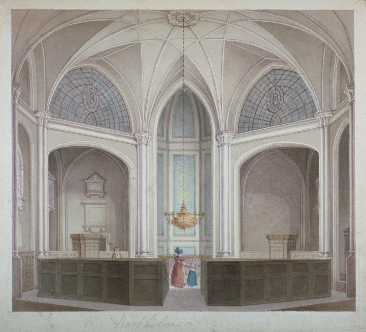 A Szent Bertalan-templom belseje, London City, 1834. alkotó: Robert Blemmell Schnebbelie