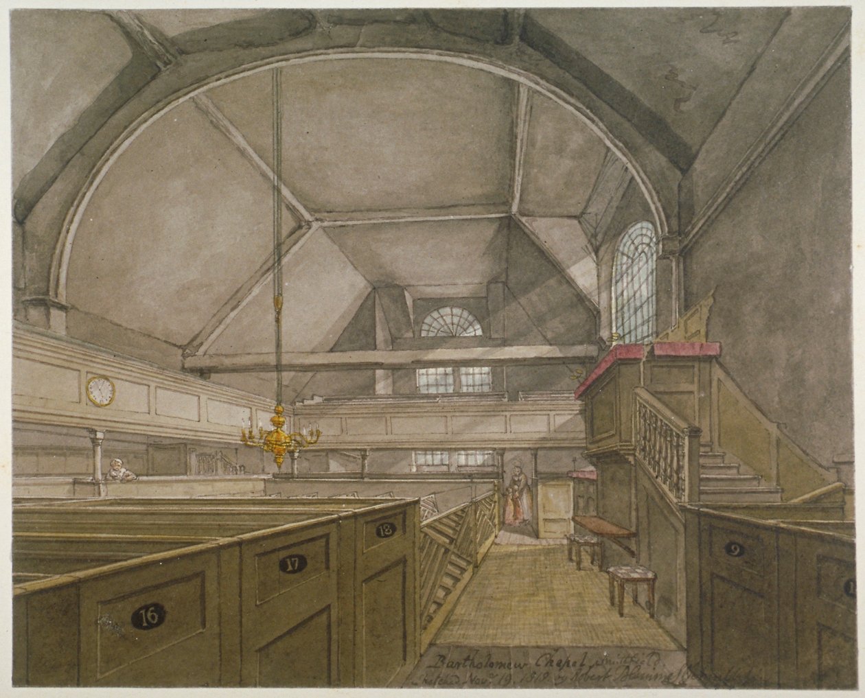 A kápolna belseje a Szent Bertalan-templomban, Smithfield, London City, 1818 alkotó: Robert Blemmell Schnebbelie