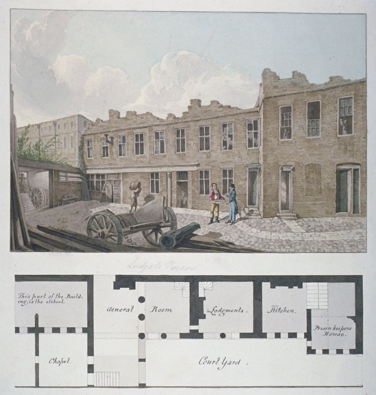 Ludgate börtön a London Workhouse tervével, Bishopsgate, alatta, London City, 1818 alkotó: Robert Blemmell Schnebbelie