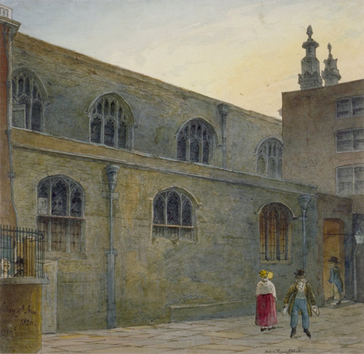 A Guildhall-kápolna északi oldala, amely a Cutthroat Alley bejáratát mutatja, London City, 1820 alkotó: Robert Blemmell Schnebbelie