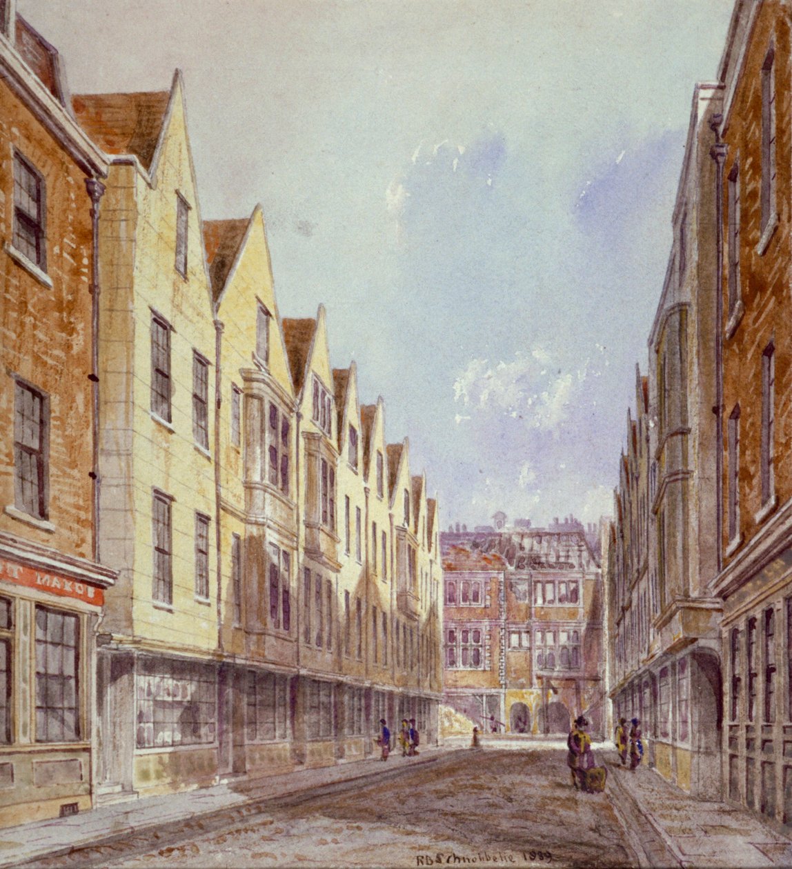 Kilátás a Great Winchester Streetre, a Winchester Place-vel a távolban, London, 1839. alkotó: Robert Blemmell Schnebbelie