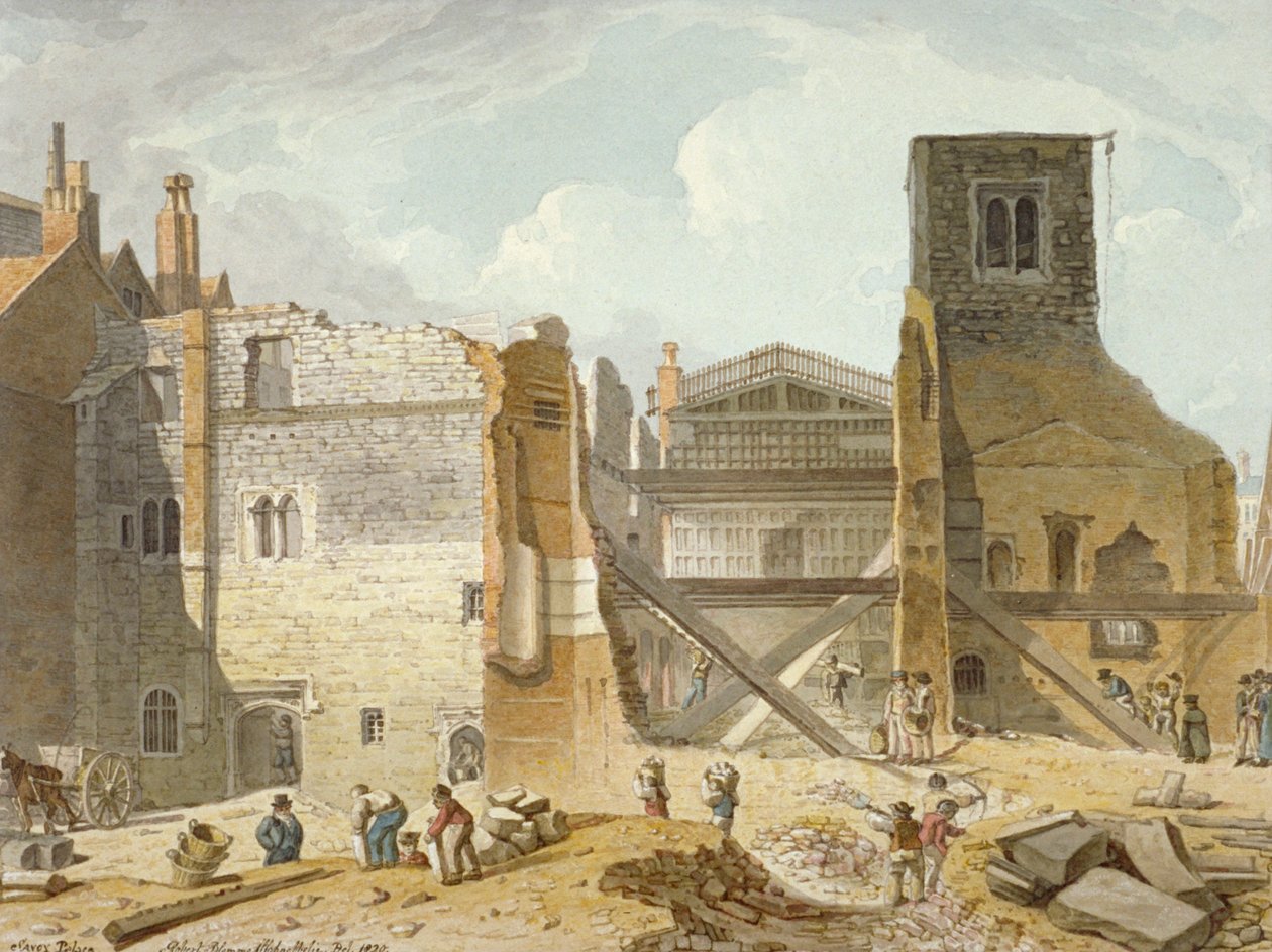 Kilátás a Savoy-palota lebontására, Westminster, London, 1820 alkotó: Robert Blemmell Schnebbelie