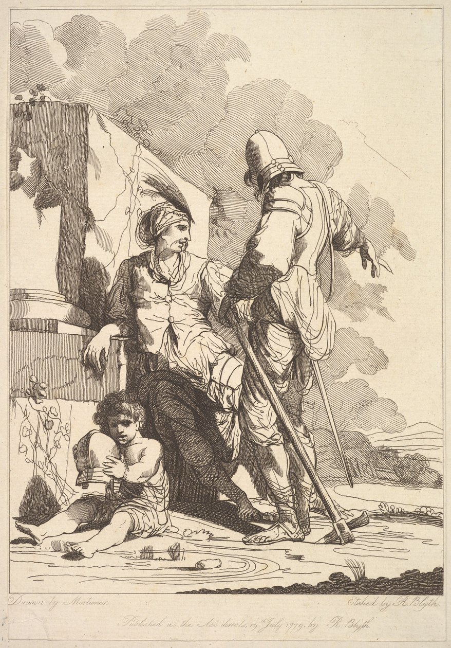 Két katona és egy sisakot tartó gyerek, 1779. július 19. alkotó: Robert Blyth
