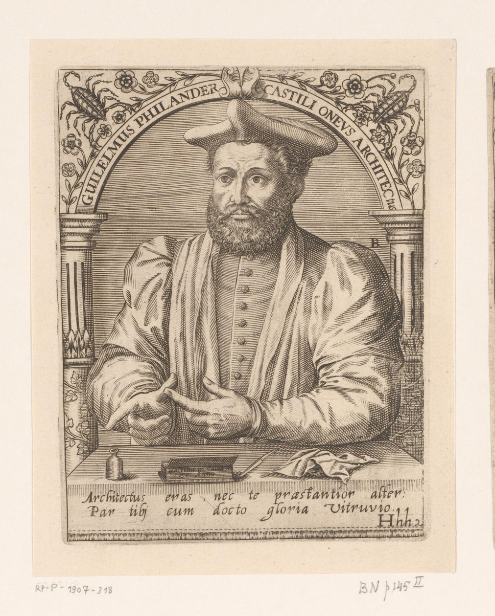 Guillaume Philandrier portréja Guilelmus Philander Castili oneus architectus (cím a tárgyon) Portrésorozat tizenötödik és tizenhatodik századi tudósokról (sorozat címe) alkotó: Robert Boissard