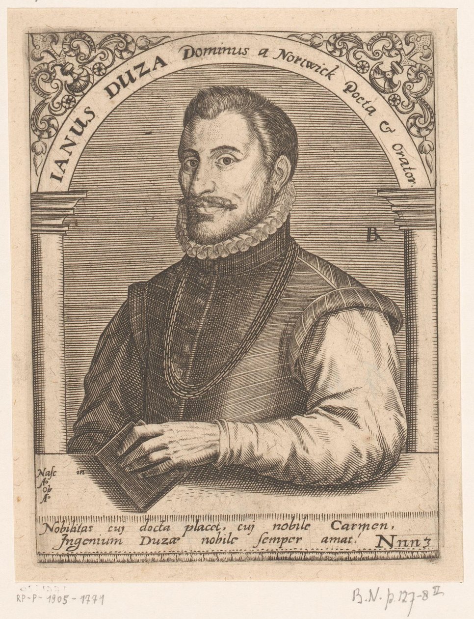 Janus Dousa portréja Janus Duza Dominus a nortwicki költő és szónok. (cím a tárgyon) Portrésorozat tizenötödik és tizenhatodik századi tudósokról (sorozat címe) alkotó: Robert Boissard