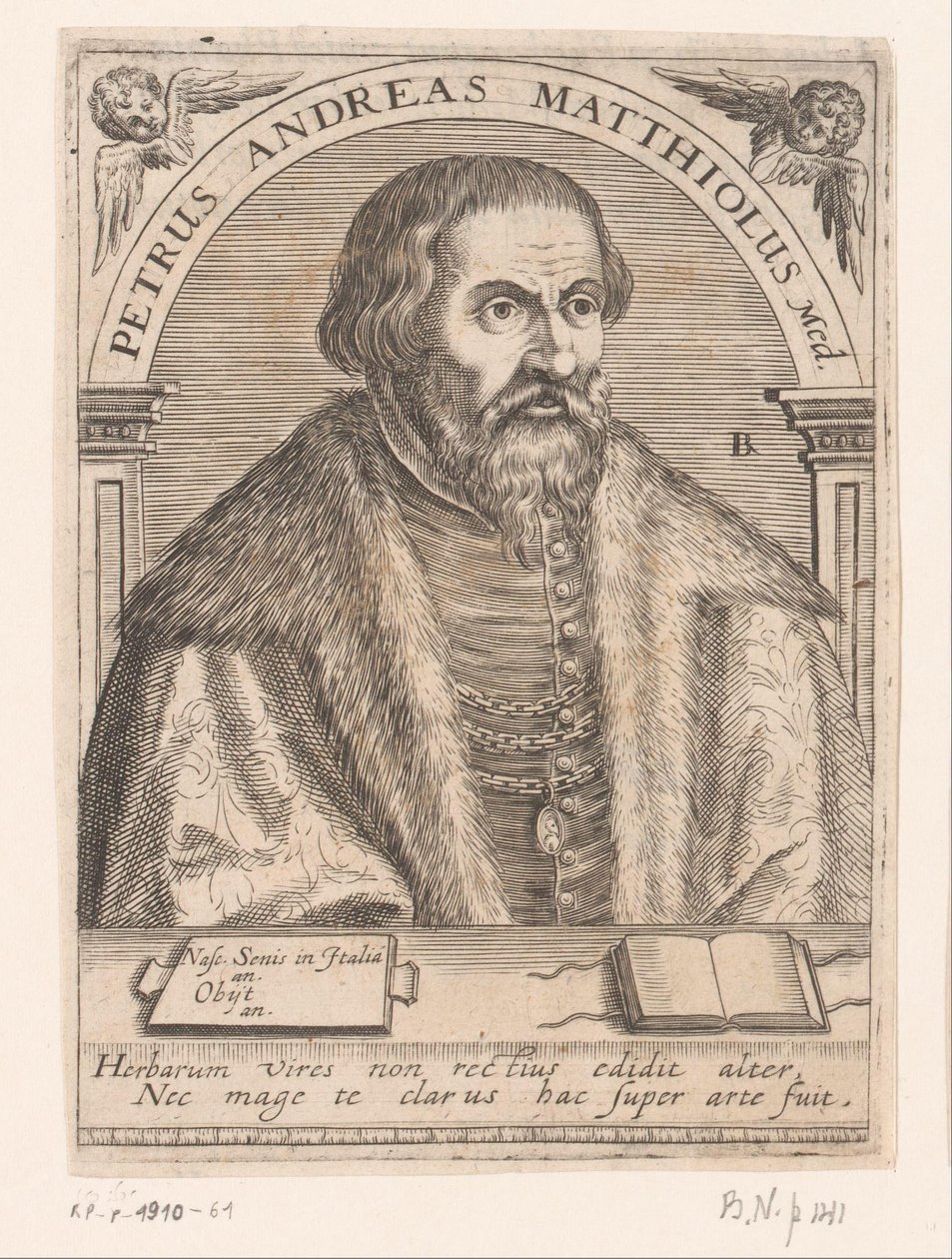 Pietro Andrea Mattioli portréja Peter Andrew Matthews Med. (cím a tárgyon) Portrésorozat tizenötödik és tizenhatodik századi tudósokról (sorozat címe) alkotó: Robert Boissard