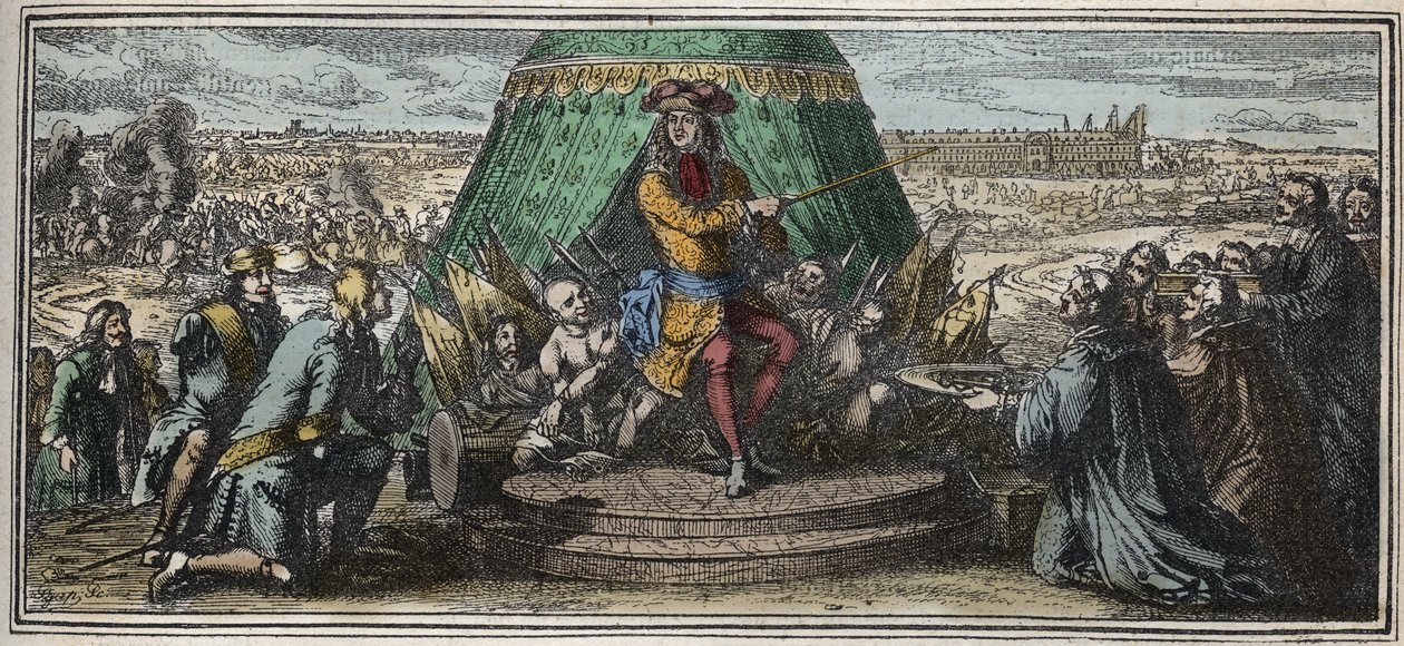 A Les Invalides építése 1670-ben – A Hotel des Invalides alapításának allegóriája – XIV. Lajos, aki bemutatja régi, megcsonkított katonáinak a Hotel des Invalides épülő metszetét, Robert Bonnart (1652-1729) alkotó: Robert Bonnard