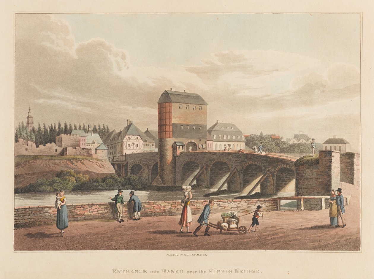 bejárat Hanau városába a Kinzig hídon keresztül, 1814 (akvatinta) alkotó: Robert Bowyer