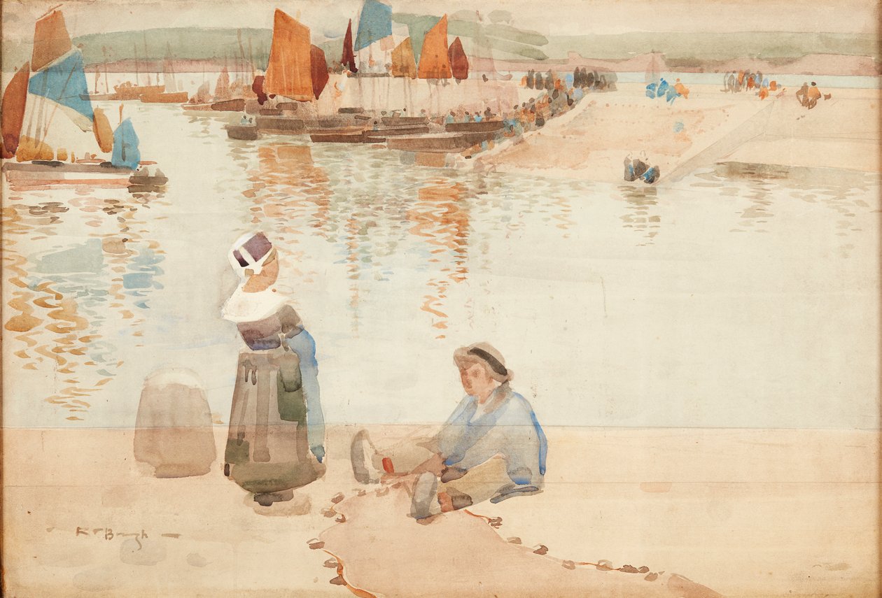 Figurák a kikötő falán, Bretagne (akvarell) alkotó: Robert Brough