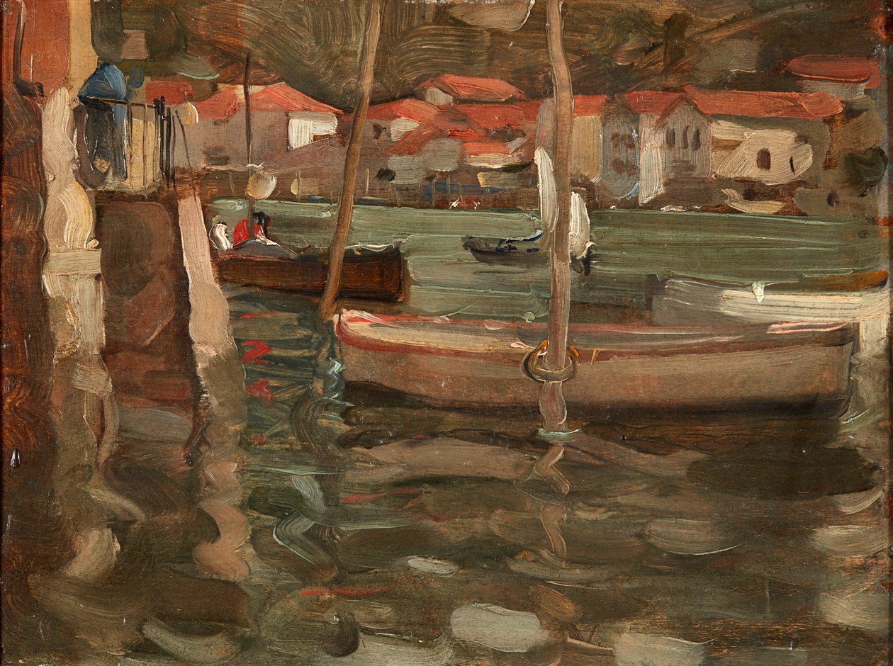 Evezős csónakok a kikötői rakpartnál, Concarneau (olaj, panel) alkotó: Robert Brough