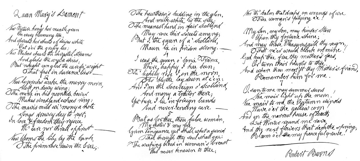 Queen Marys Lament, költemény Robert Burns kézírásával, 18. század vége, 1840 alkotó: Robert Burns