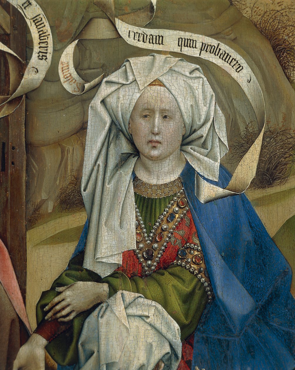 A betlehemes nőt ábrázoló részlet, Robert Campin Flemalle mestere (1375/1379-1444), olajtábla, 1420 körül alkotó: Robert Campin