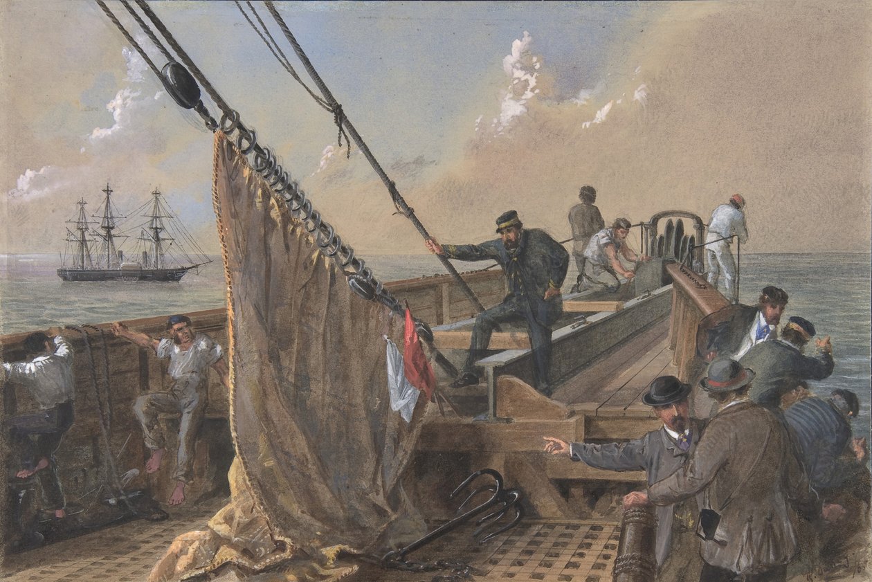 A Nagy Kelet elülső fedélzete megtisztítva az első birkózási kísérlethez..., 1865-66. alkotó: Robert Charles Dudley