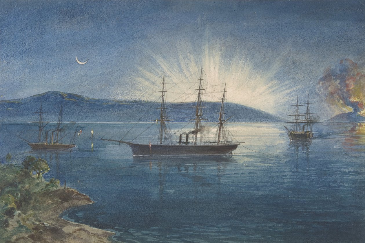 The Bay of Bull Arms, Trinity Bay, Newfoundland, Máglyák gyújtottak a hegyeken, hogy értesítsen..., 1865-66 alkotó: Robert Charles Dudley