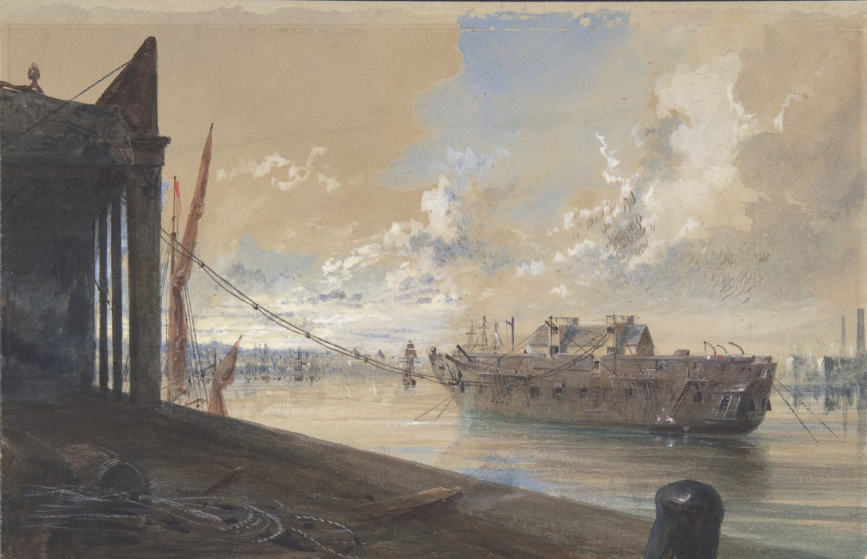 A kábel átment a művekből a Hulkba, a Temzében heverő öreg fregatt írisz..., 1865-66 alkotó: Robert Charles Dudley
