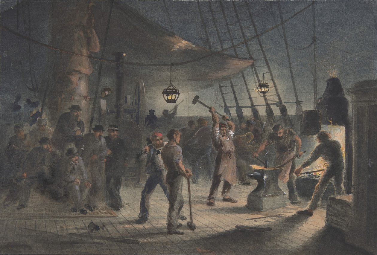 A kovács a fedélzeten, augusztus 9-én este: A vasbevonat előkészítése a Capstan számára, 1865-66. alkotó: Robert Charles Dudley