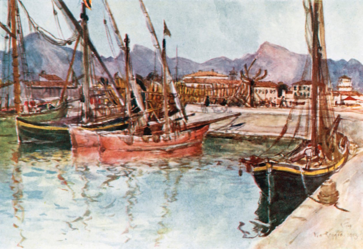 Partra szálló hajók Viareggio kikötőjében (színes litográfia) alkotó: Robert Charles Goff