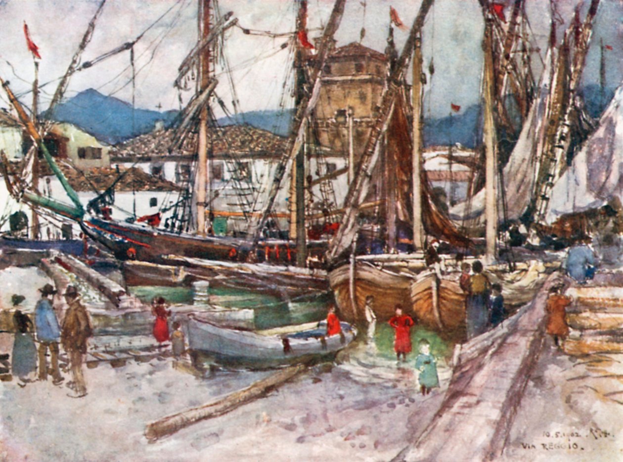 Zsúfolt hajózás a viareggiói medencében (színes litográfia) alkotó: Robert Charles Goff