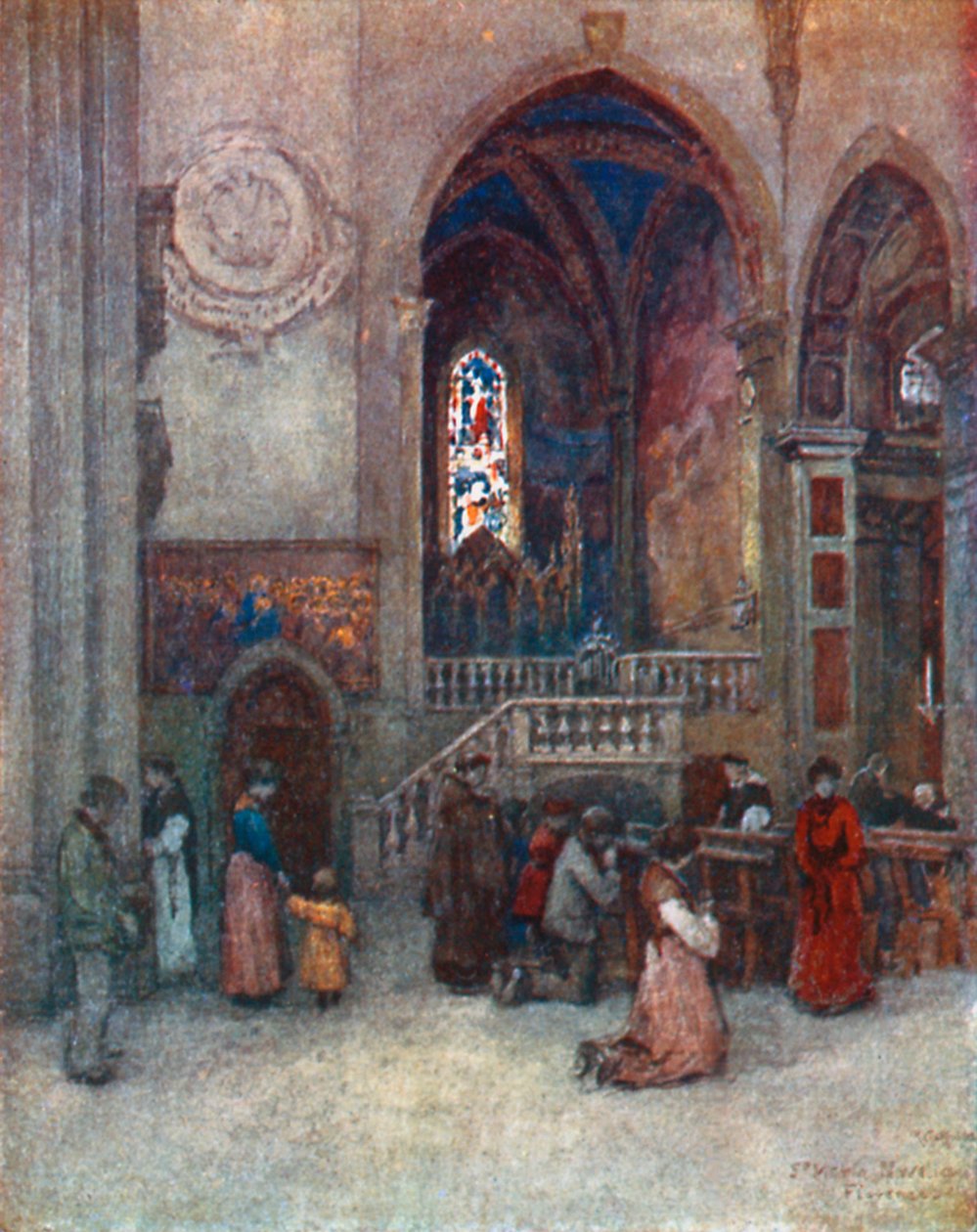 A Santa Maria Novella-templom belseje a Strozzi-kápolnával (színes litográfia) alkotó: Robert Charles Goff