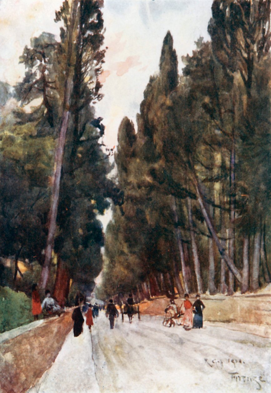A Poggio Imperiale ciprus-utcán, az Arcetri felé vezető úton (színes litográfia) alkotó: Robert Charles Goff