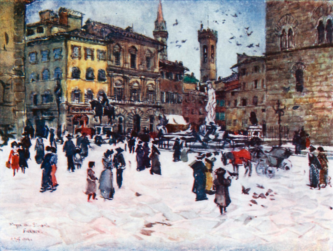 Piazza Della Signoria, a Palazzo Vecchio, a Bargello tornyai és a Badia (színes litográfia) alkotó: Robert Charles Goff