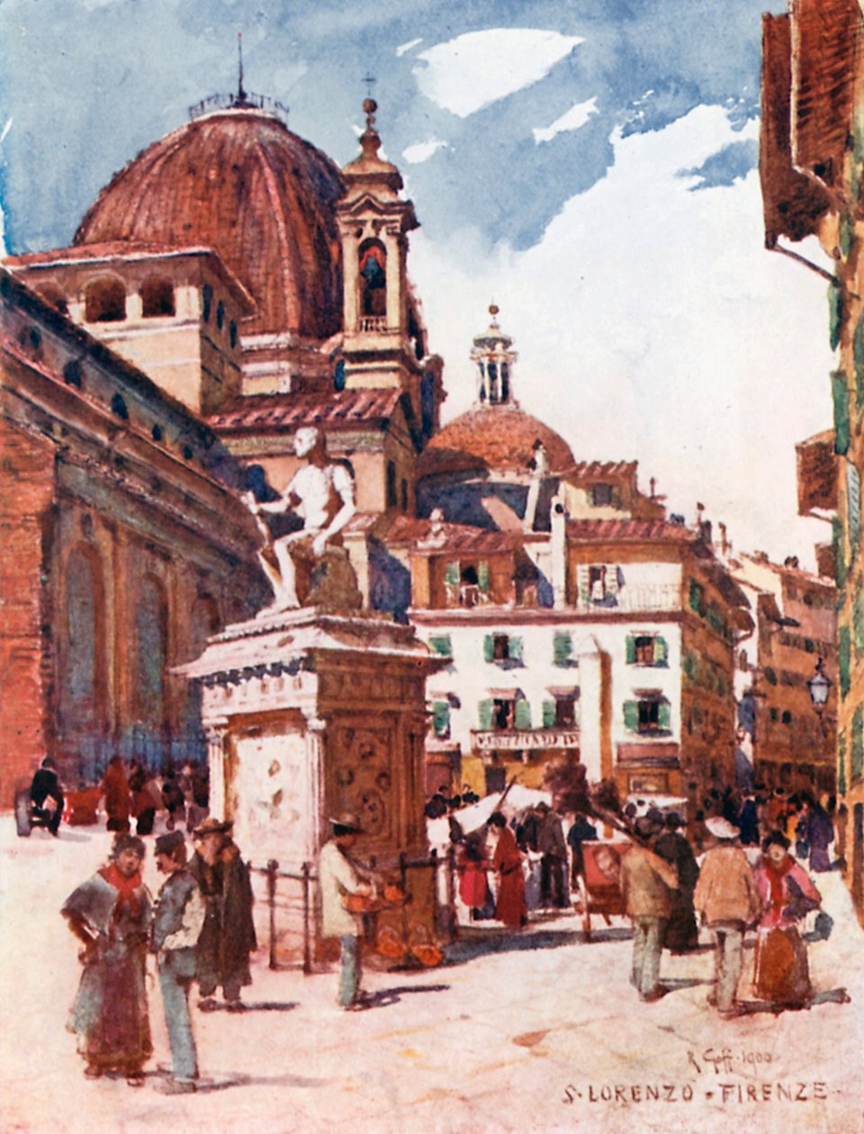 Piazza S Lorenzo, Giovanni delle Bande Nere szobrával (színes lithó) alkotó: Robert Charles Goff