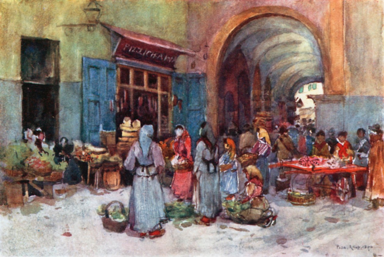 Utcai árusok, Pisa (színes litográfia) alkotó: Robert Charles Goff