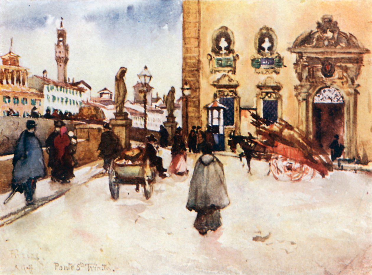 A Frescobaldi-palota, a Ponte Santa Trinita és a Palazzo Vecchio tornya (színes litográfia) alkotó: Robert Charles Goff