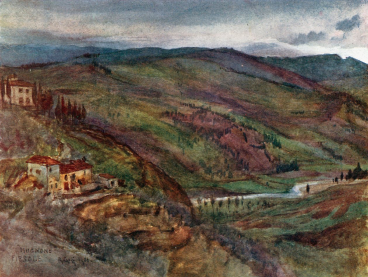 A Mugnone völgye észak felé, a távolban a Monte Senario felé (színes litográfia) alkotó: Robert Charles Goff