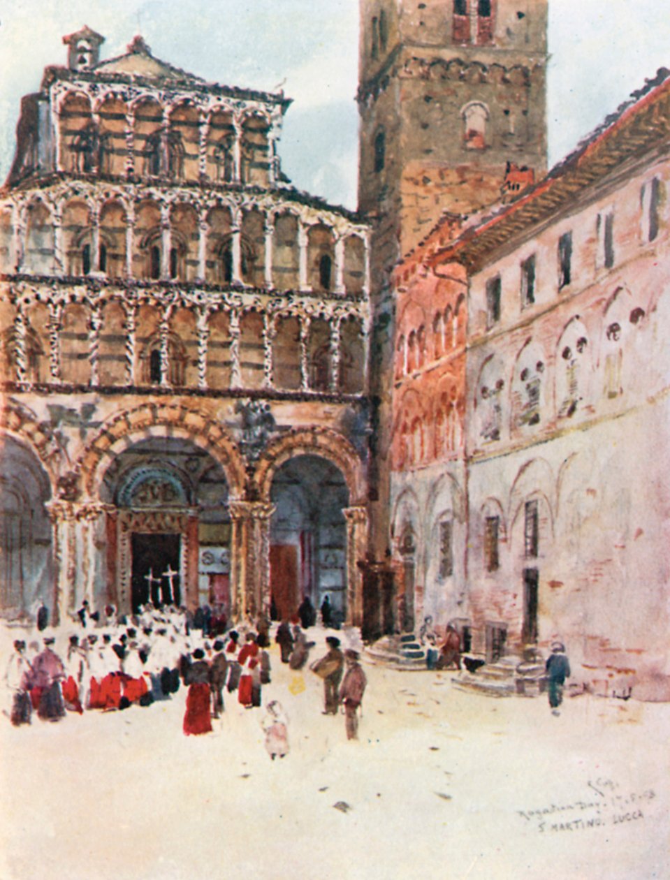 A San Martino Lucca székesegyház nyugati homlokzata (színes litográfia) alkotó: Robert Charles Goff