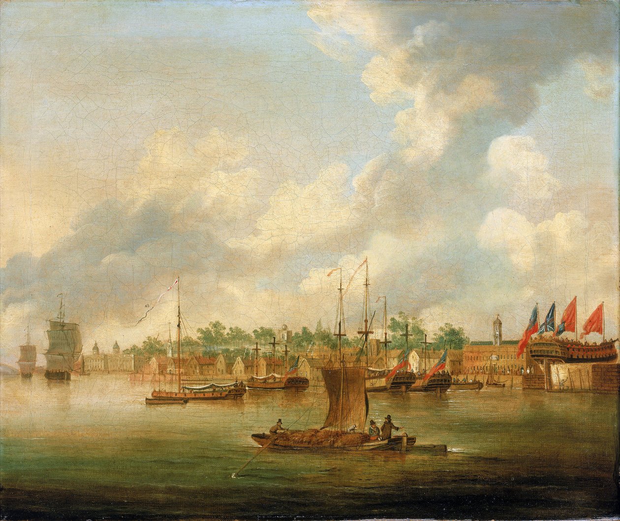 Hajózás Deptfordban, a Temze partján (Anglia), a Royal Quay-vel szemben, ahol nagyszámú magánhajógyár található. alkotó: Robert Cleveley