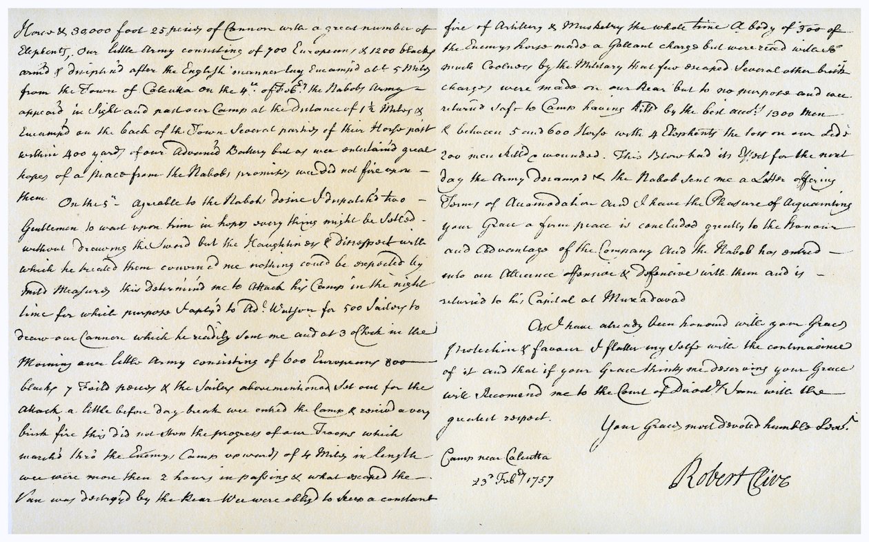 Robert Clive levele Thomas Pelham-Hollesnak, 1757. február 23. alkotó: Robert Clive