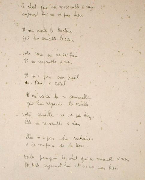 A macska, amely olyan, mint semmi a földön, kézzel írt oldal Robert Desnos 