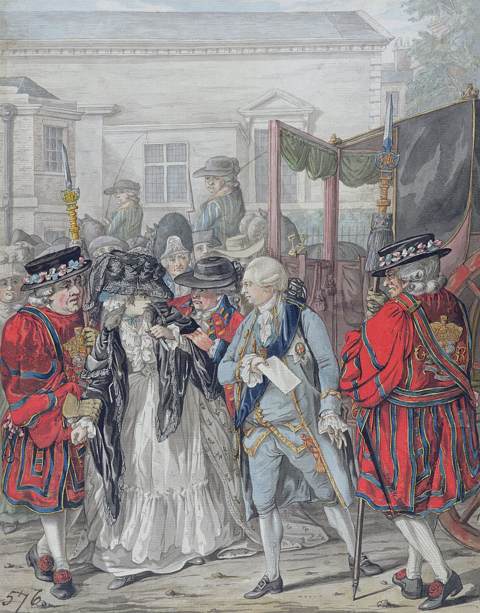 Margaret Nicholson, aki megkísérli meggyilkolni Őfelségét, III. Györgyöt (1738-1820) a Szent Jakab-palota kerti bejáratánál, 1786. augusztus 2. (ceruza, toll és fekete tinta, akvarell és testfesték papíron) alkotó: Robert Dighton