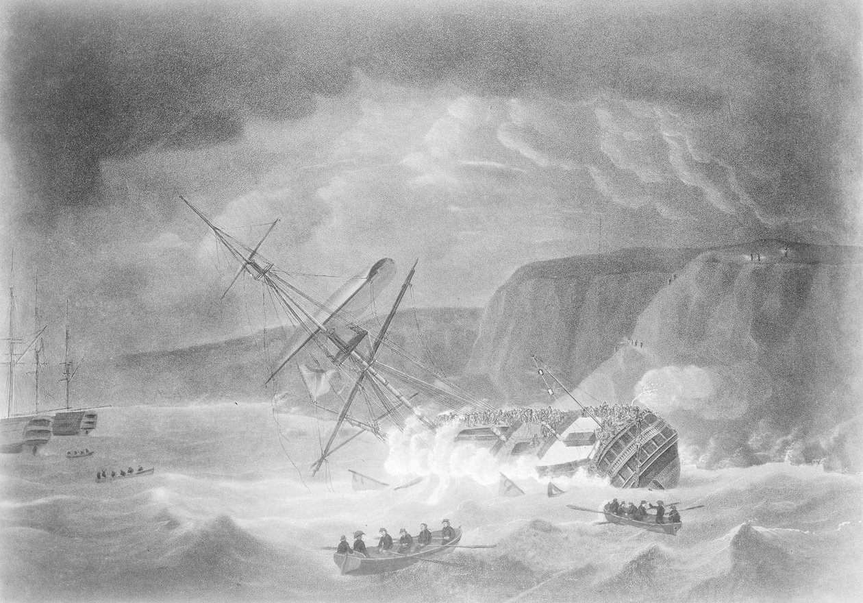 "Őfelsége "Venerable" nevű hajójának elvesztése... hajótörés 1804. november 24-én éjjel a Torbay-i szikláknál". alkotó: Robert Dodd
