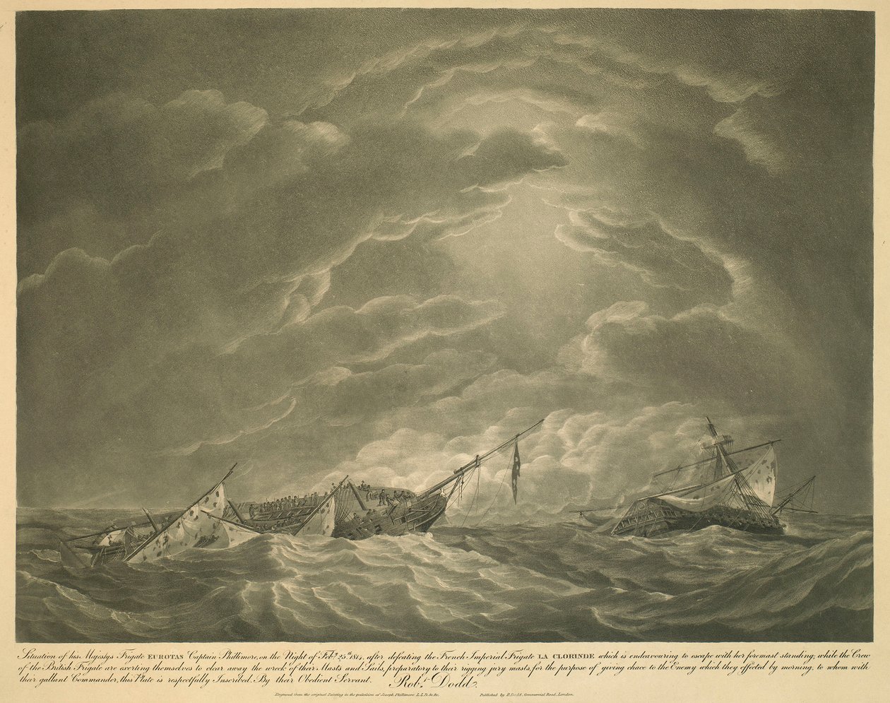 Őfelsége EUROTAS fregattjának helyzete Phillimore kapitány, 1814. február 25-én éjjel, miután legyőzte a francia császári LA CLORINDE fregattot, amely igyekszik elmenekülni, miközben az orrvitorla áll; miközben a brit fregatt legénysége a hajóból kiszállt. alkotó: Robert Dodd