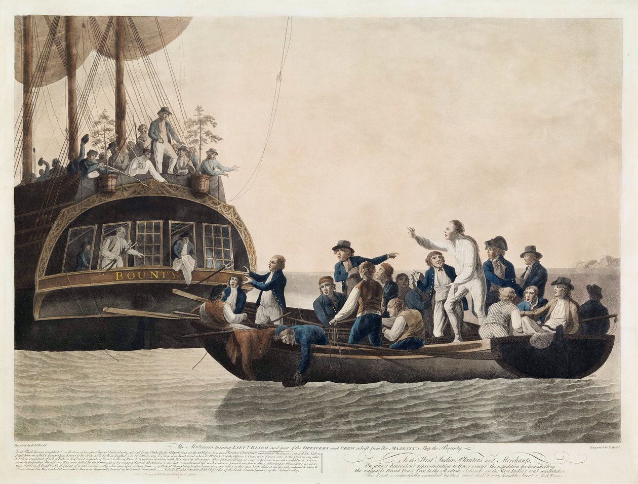 A Mutineers-ből Bligh hadnagy és a tisztek egy része, valamint a legénység egy része, 1789. április 29., pub. 1790 alkotó: Robert Dodd