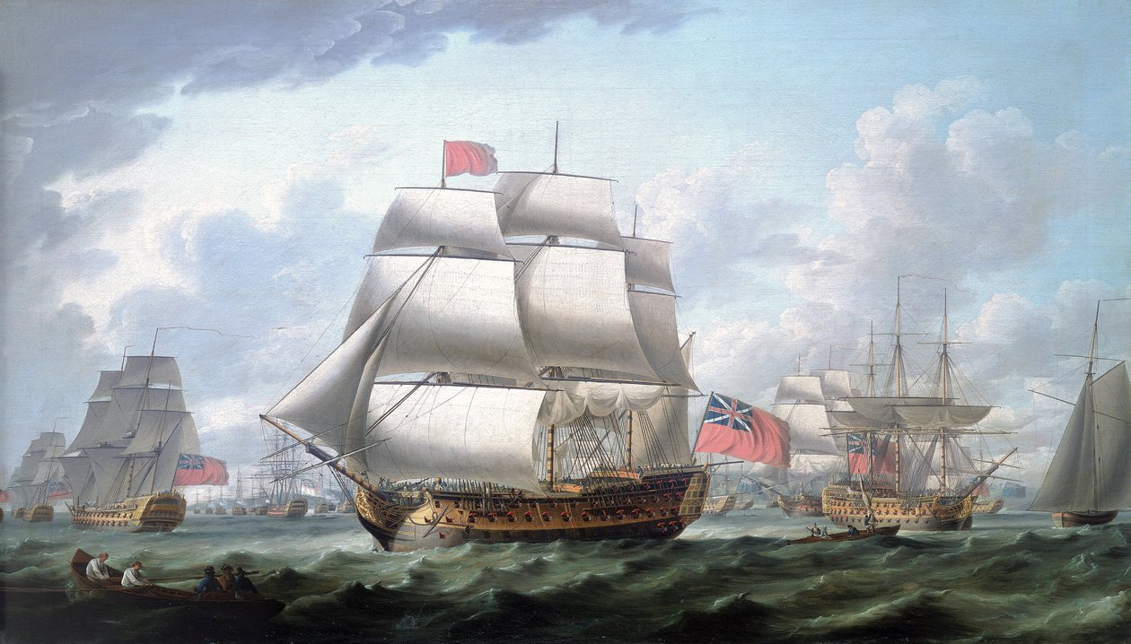 A "Victory" elhagyja Spitheadet (Anglia), rajta a vörös zászló és a Rouges ellentengernagy zászlaja, jobbján egy háromárbocos, amelyet a "Queen Charlotte"-ként azonosítottak. alkotó: Robert Dodd