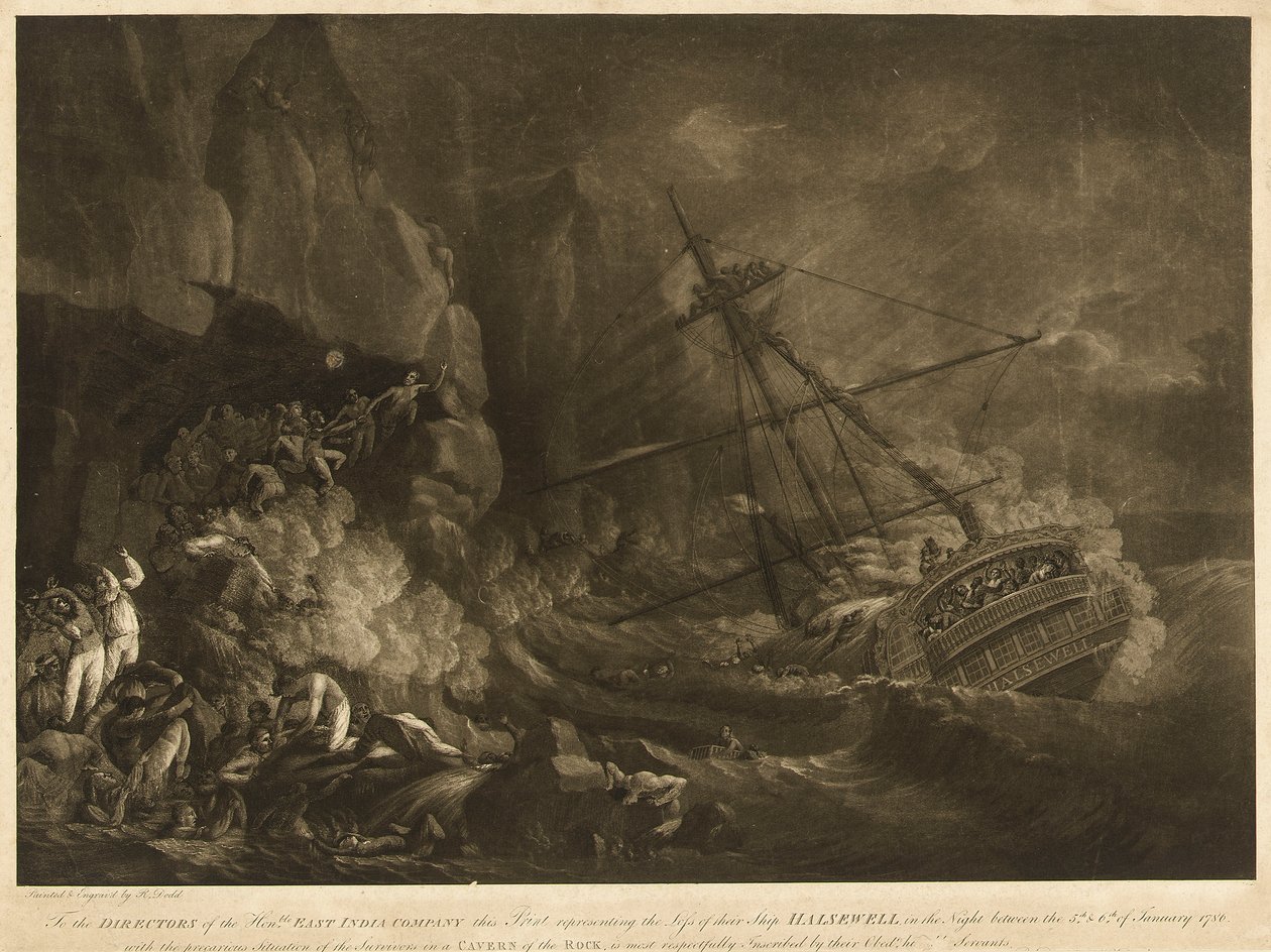 A Kelet-indiai Társaság "Halsewell" nevű hajójának elvesztése 1786. január 5-6-án éjjel, 1786 körül (aquatinta, metszet) alkotó: Robert Dodd