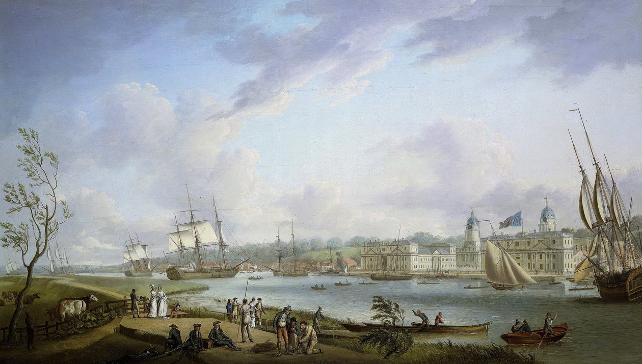 Greenwich látképe, a Temze és a Temze partján folyó tevékenységek leírása, valamint a folyami hajózás, az árapály jelentőségének figyelembevételével. Olaj, vászon alkotó: Robert Dodd