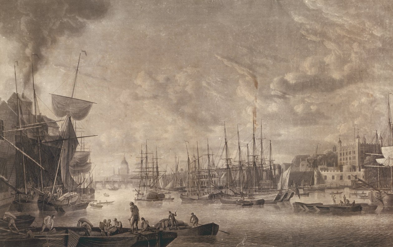 Kilátás a London Bridge felé a Tower of London közelében kikötött csónakról, 1793 (akvatinta) alkotó: Robert Dodd