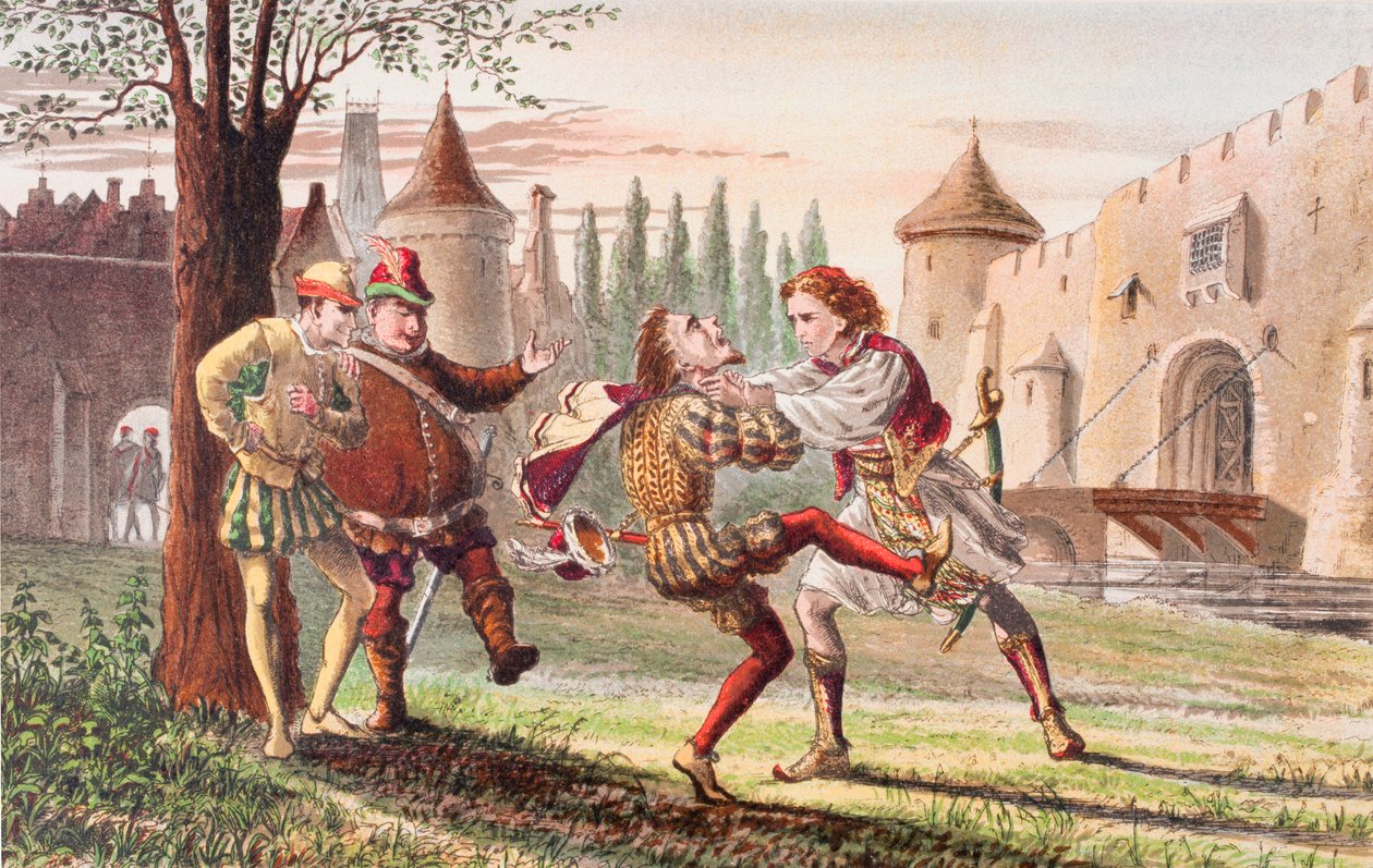 Sebastian beszél a Tizenkettedik éjszaka IV. felvonása I. jelenetében: "Miért! Ez a tiéd! És ott! És ott!", a "The Illustrated Library Shakespeare" című, 1890-ben Londonban megjelent kiadványból (színes litográfia). alkotó: Robert Dudley