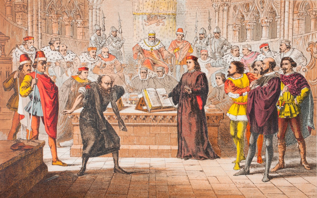 Shylock beszél A velencei kalmár, IV. felvonás, I. jelenet, "Ez a törvény", a "The Illustrated Library Shakespeare" című, 1890-ben Londonban megjelent kiadványból (színes litográfia). alkotó: Robert Dudley