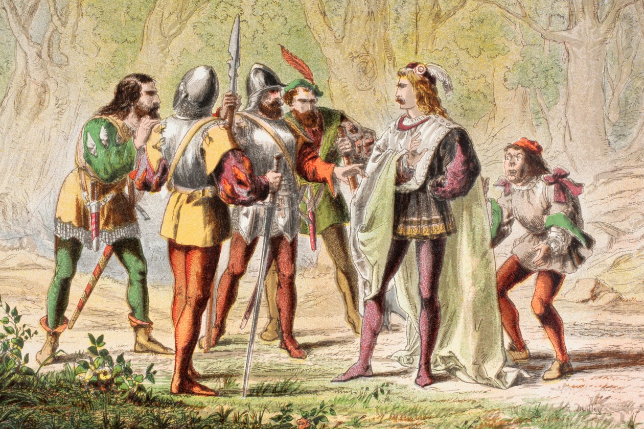 Speed beszél A veronai két úrban: "Mester, légy egy közülük", a "The Illustrated Library Shakespeare" című, 1890-ben Londonban kiadott könyvtárból (színes litográfia). alkotó: Robert Dudley